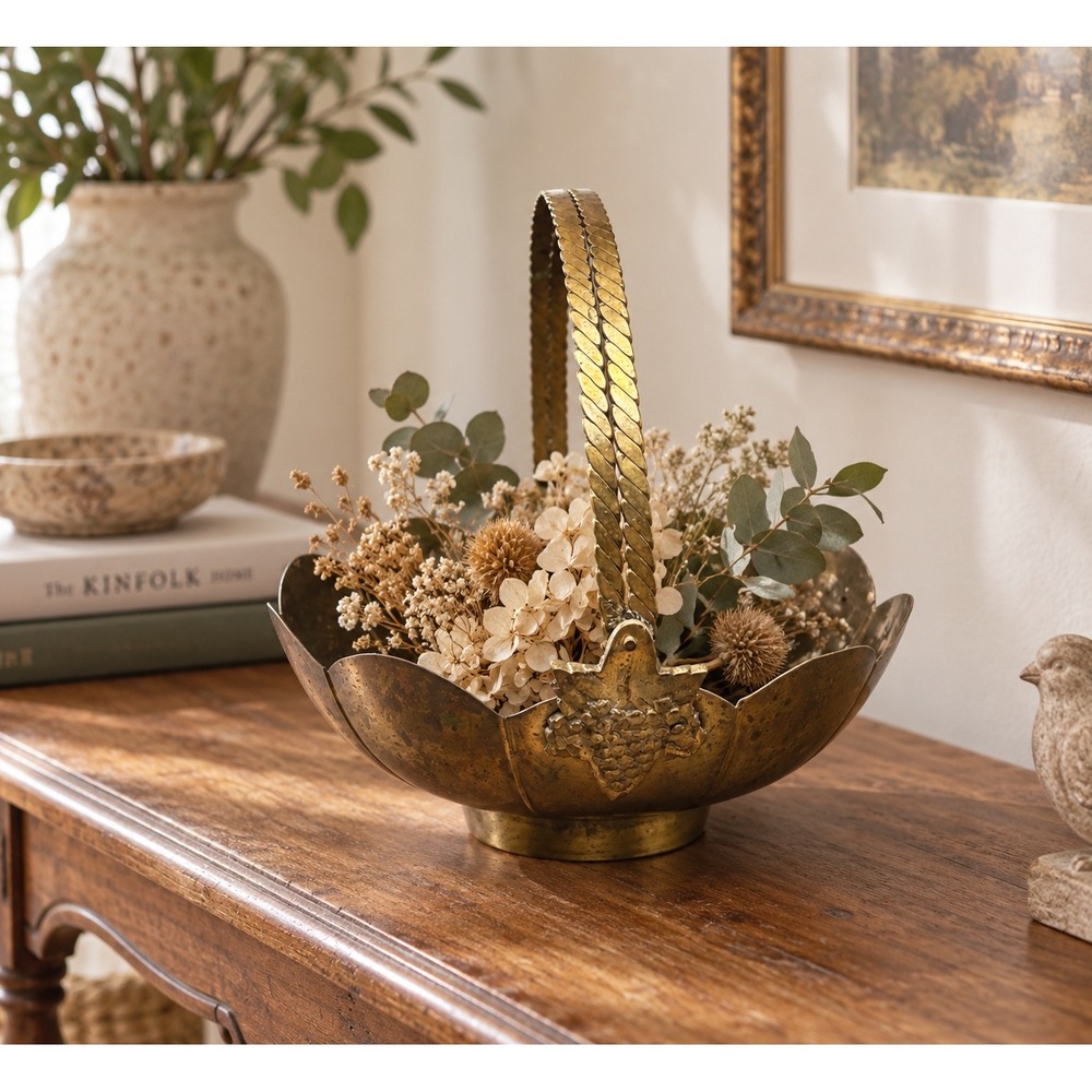 Vintage Brass Basket Bowl Scalloped Pedestal Grape Leaf Handle 9" Decor